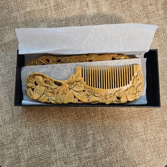 Two Natural Peach Wooden Handmade Decorative Carved Pattern Hollow Out Hair Comb - Picture 2 of 3